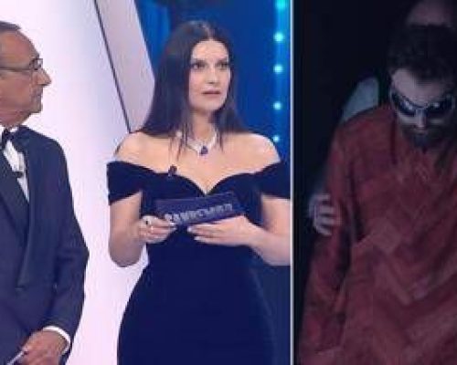 Sanremo, Laura Pausini interrotta dalle risate: Dargen D’Amico si ‘autospoilera’